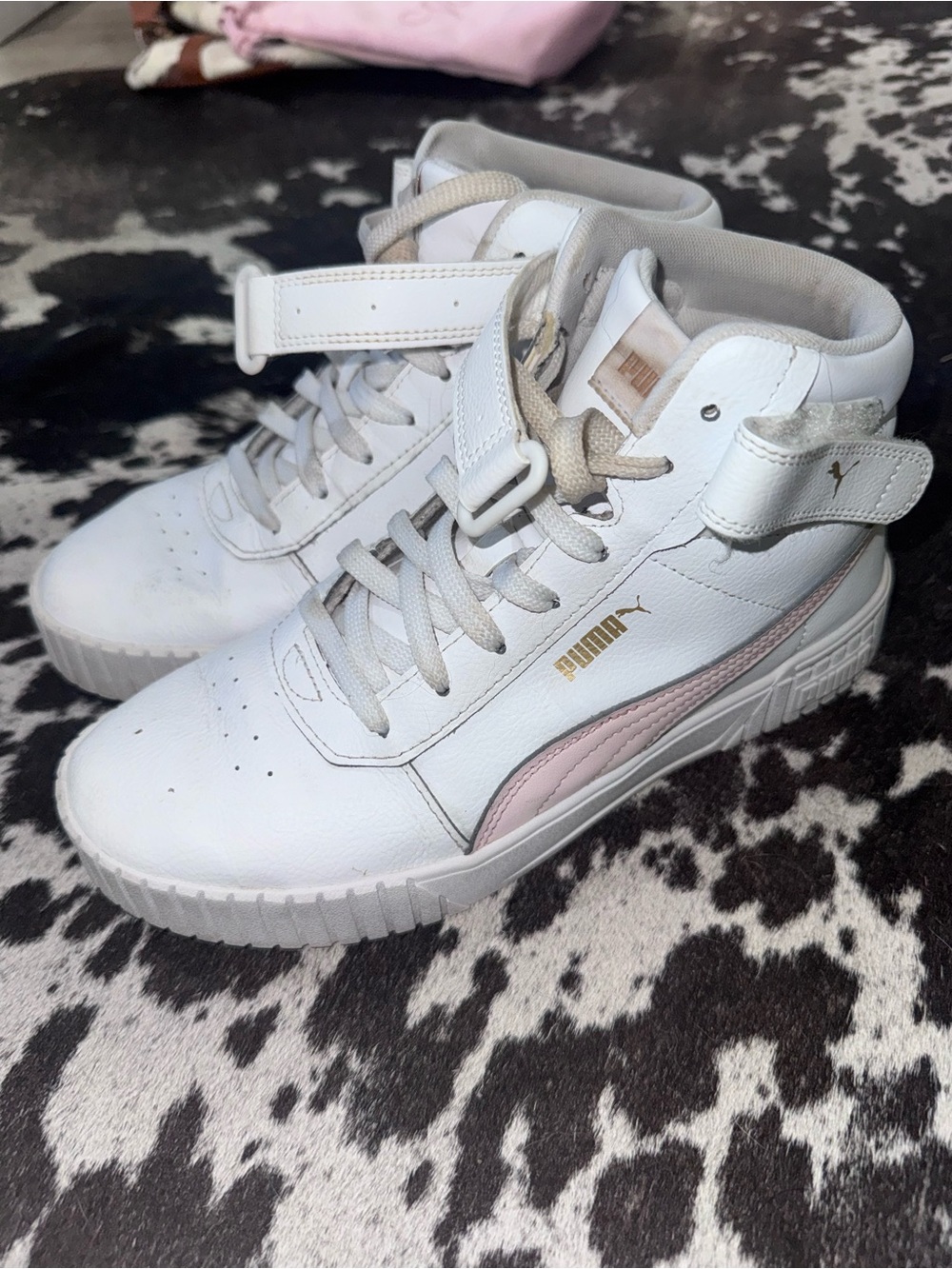 PUMA White High-Top Sneakers with Light Pink Stripe